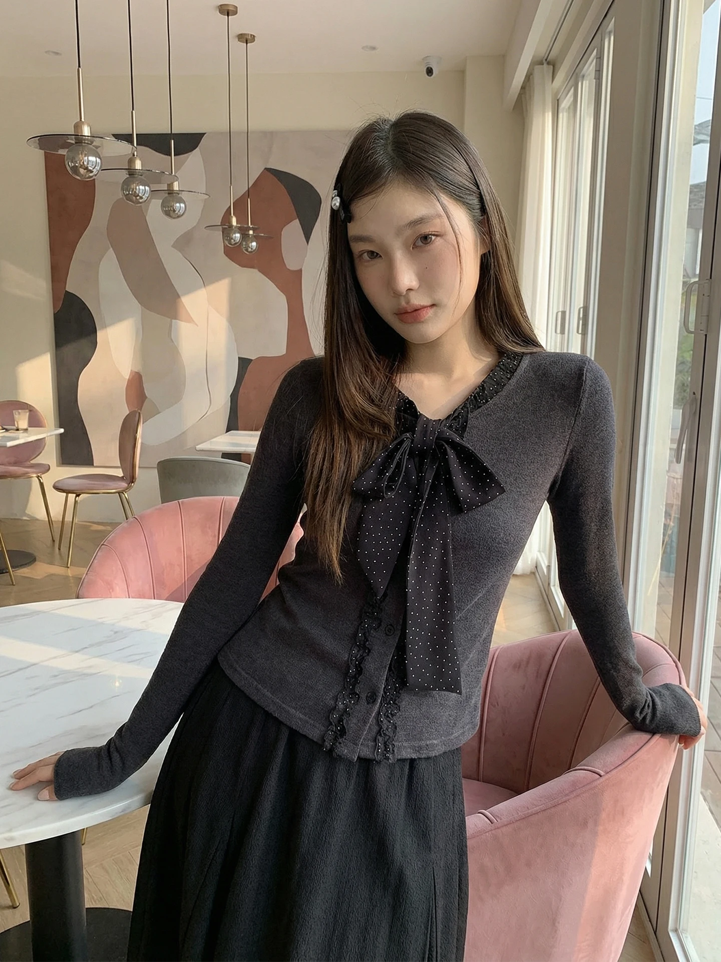 

Ретро-топ в горошек с длинным рукавом для женщин, осенне-зимний дизайн, с завязками, корейский стиль, элитный, милый, элегантный