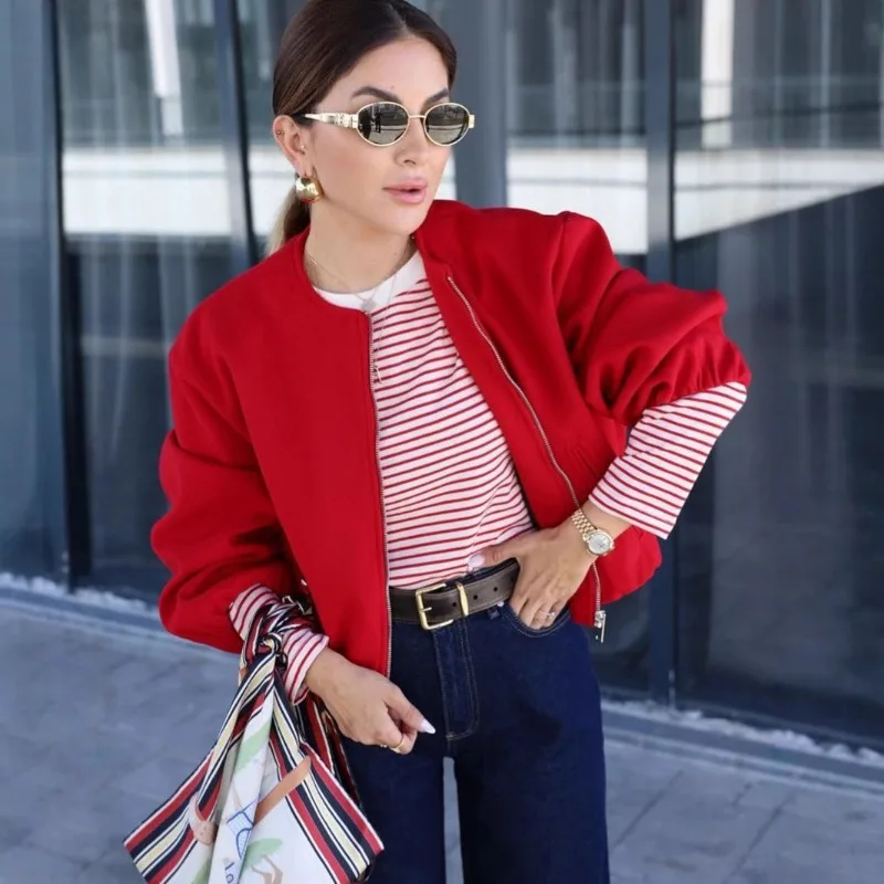 Women's Crew Neck Cropped Bomber Jacket Zip Up Drop Shoulder Puff Sleeve Casual Streetwear Outwear
