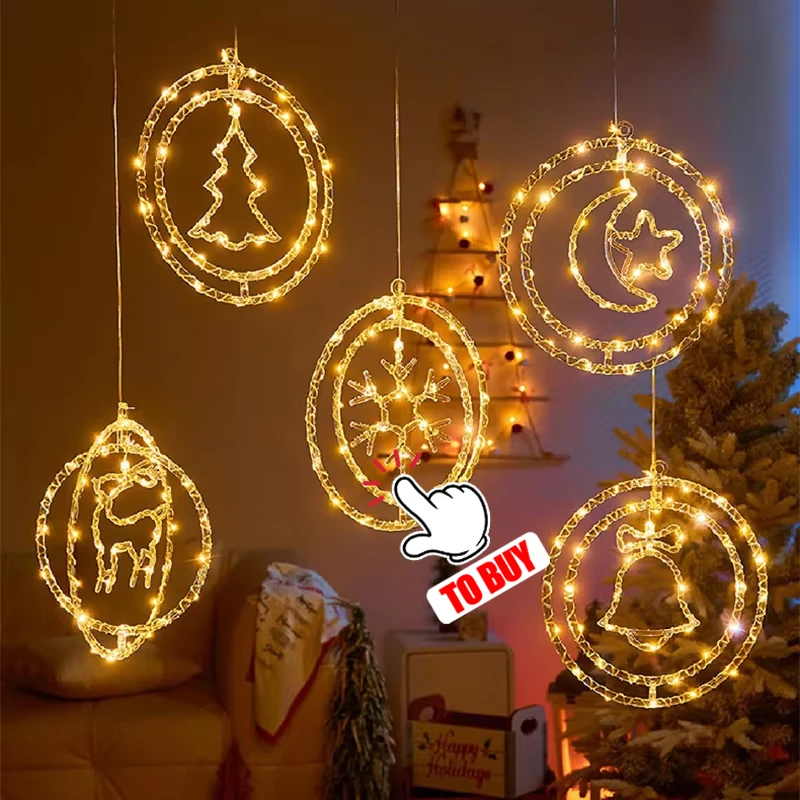 LED Light Snowflake Santa Window Ornaments Decoration for Home Xmas Navidad New Year Christmas Decor Fairy Lamp String Lights