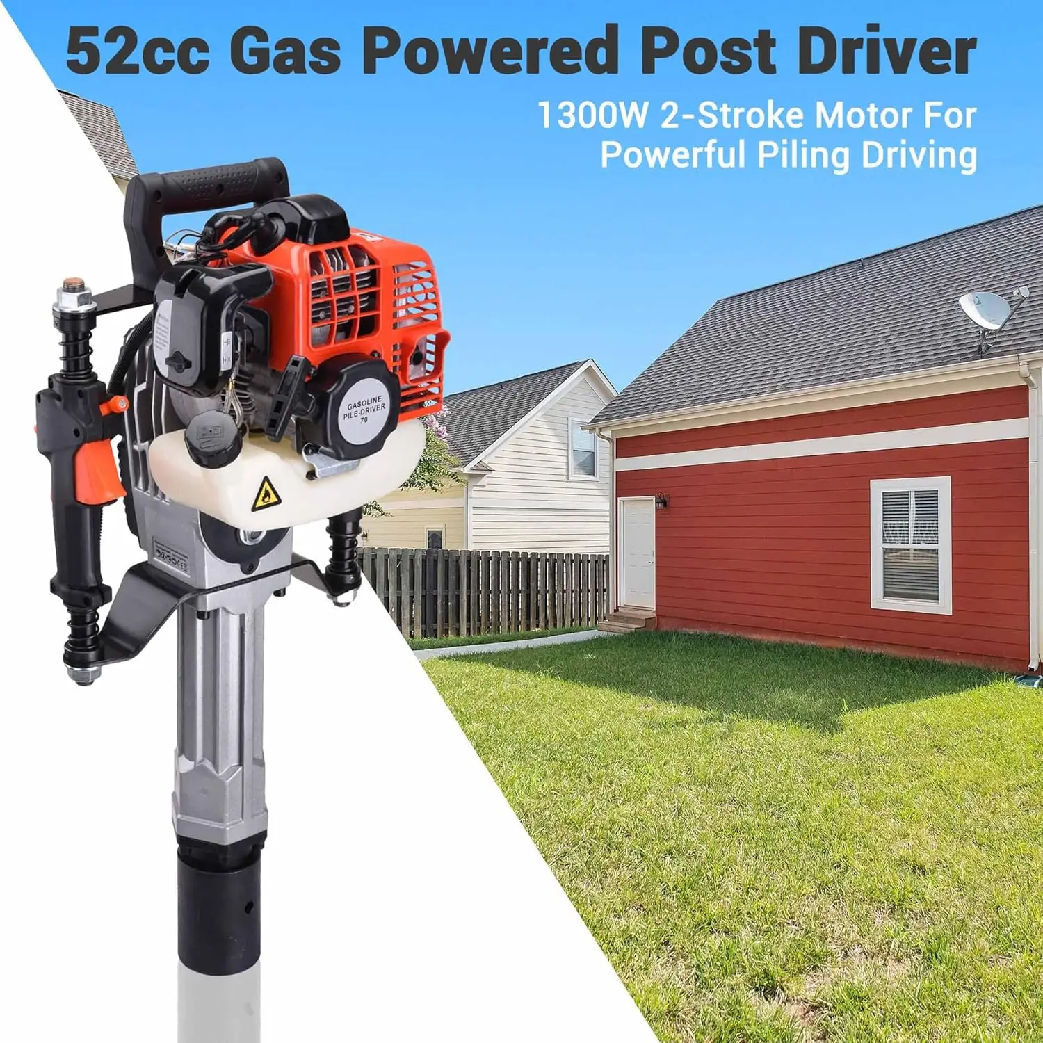 1300W 2 Stroke Jack Hammer T Post Driver 51.7CC Gas Powered Portable Fence Pile Concrete Breaker