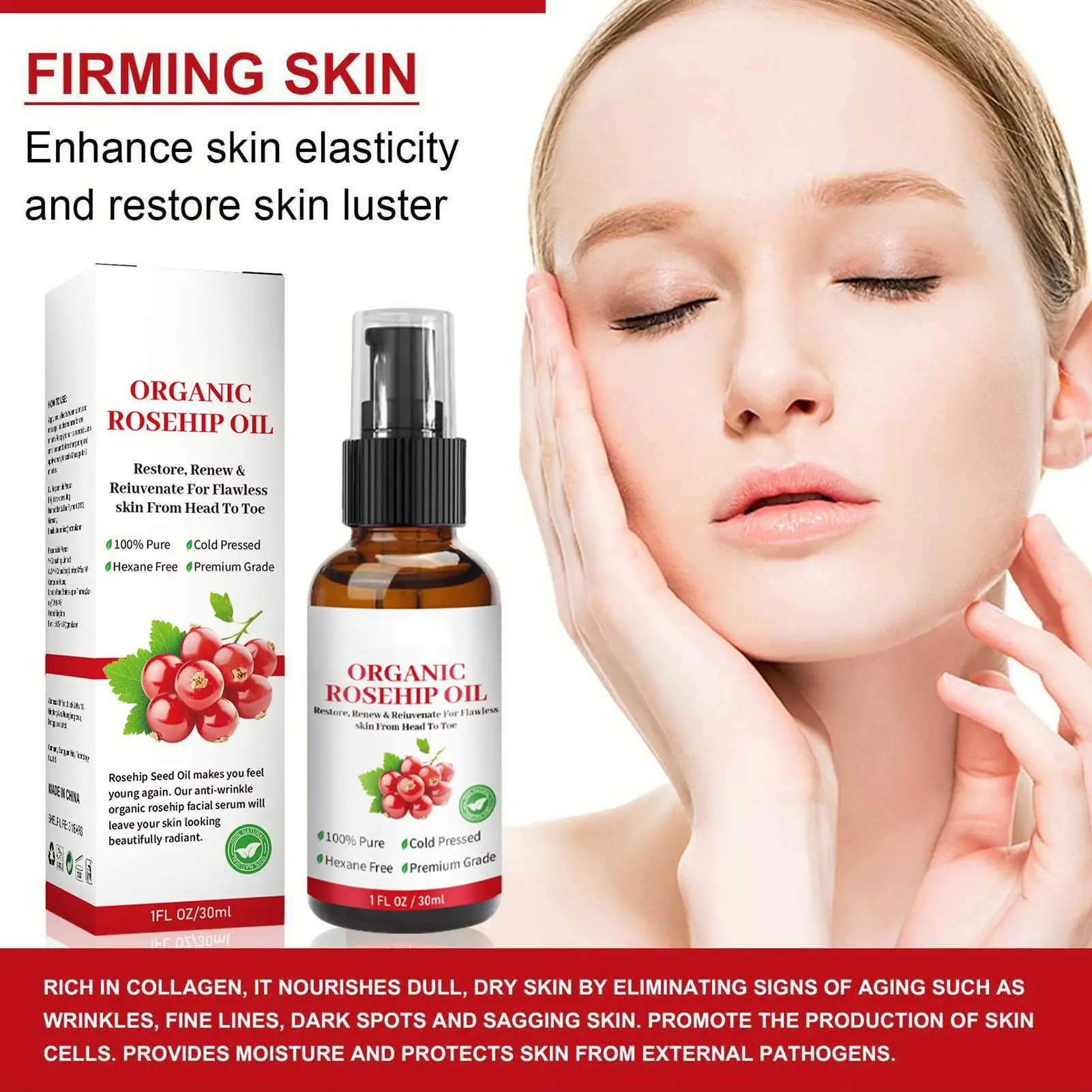 Aceite Facial Orgánico de Rosa Mosqueta de 30 ml, Hidratante de Rápida Absorción para Mujeres, Reduce la Apariencia de Líneas Finas y Manchas Oscuras
