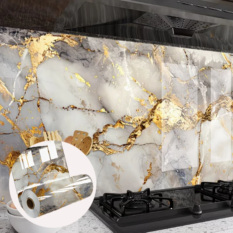 Kitchen Cabinet Sticker And Oil-Proof Sticker Gold Marble Pattern Waterproof Stain-Resistant Self-Adhesive And Easy To Clean.
