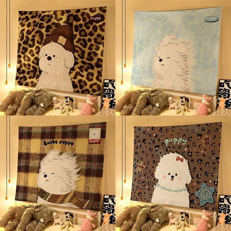 VIKAMA Cute Puppy Tapestry, Leopard Checkered Wall Hanging, Korean Style Bedroom Decor, Cute Pet Themed Instagram Backdrop