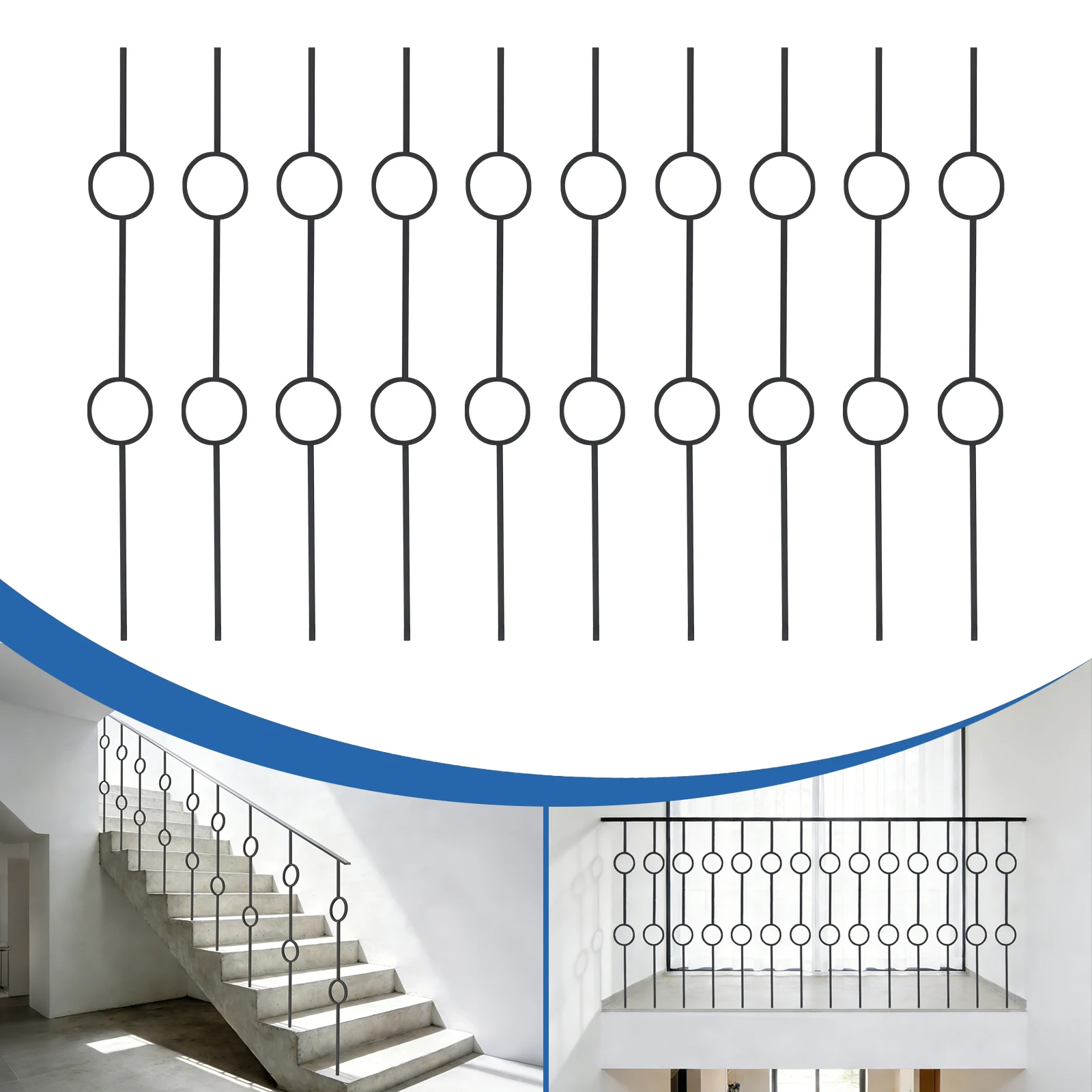Iron Balusters 10PCS 44in, Decorative Stair Balusters for Interior Railing, Black Double-Circle Design with Baking Paint