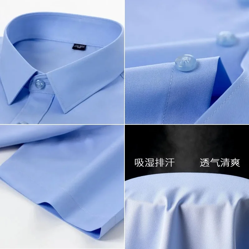 Bamboo Fiber Stretch Men Shirt Fashion Casual Business Short-Sleeved Top Anti-Wrinkle No-Iron Solid Color Formal Shirt S-6XL