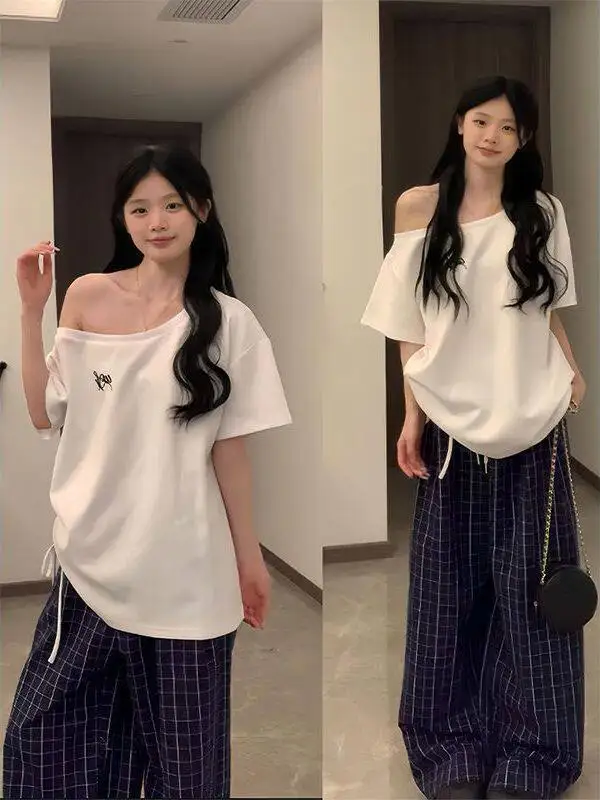 

plus Size Women's Sporty Plaid T-Shirt Set Short Sleeve Casual Summer Outfit Two-Piece Suit Sister Design Sensation Shoulder