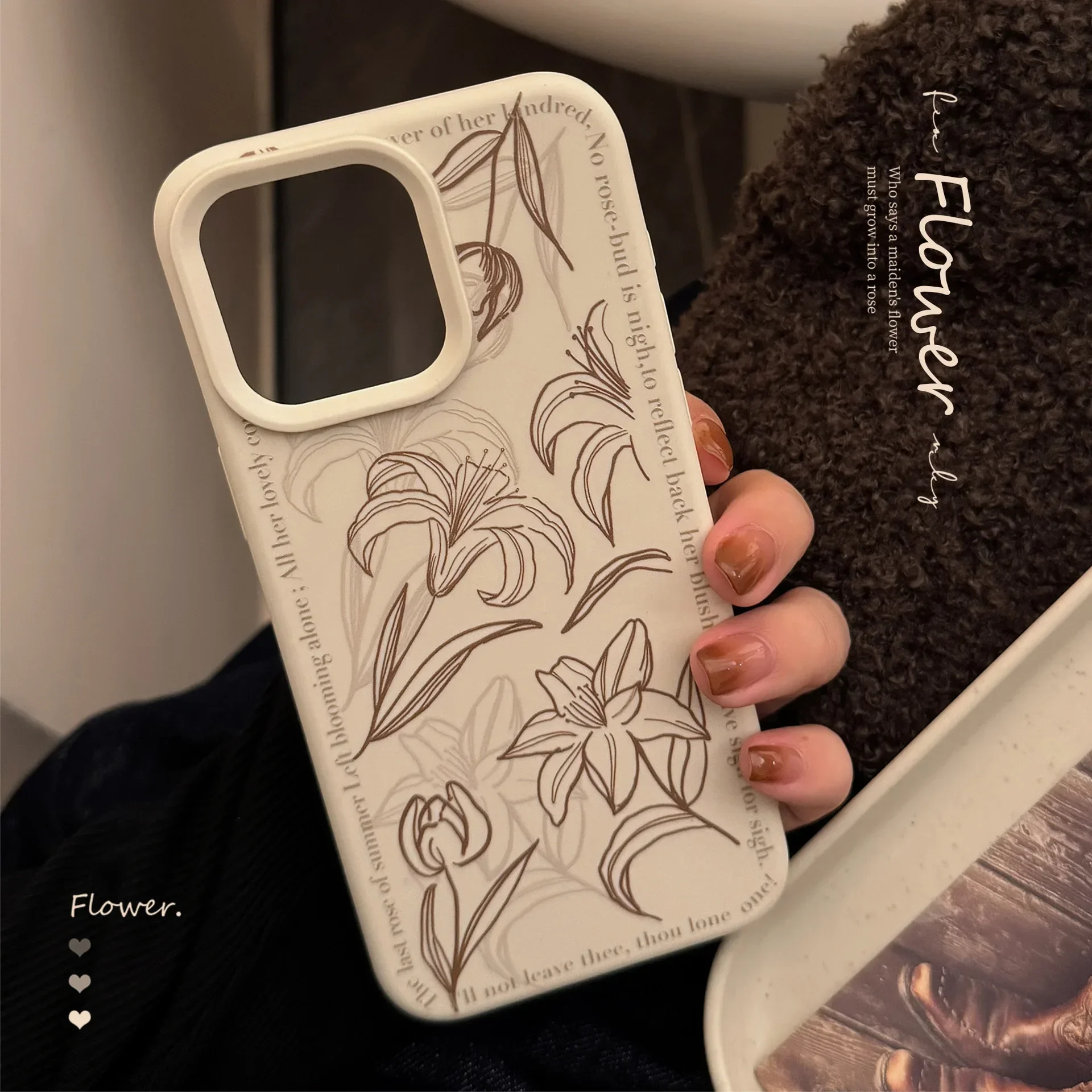 Ins Style Manuscript Lily Flower Phone Case for IPhone16 15 14 12 13 11 Pro ProMax Plus X XR Shockproof Phone Cover