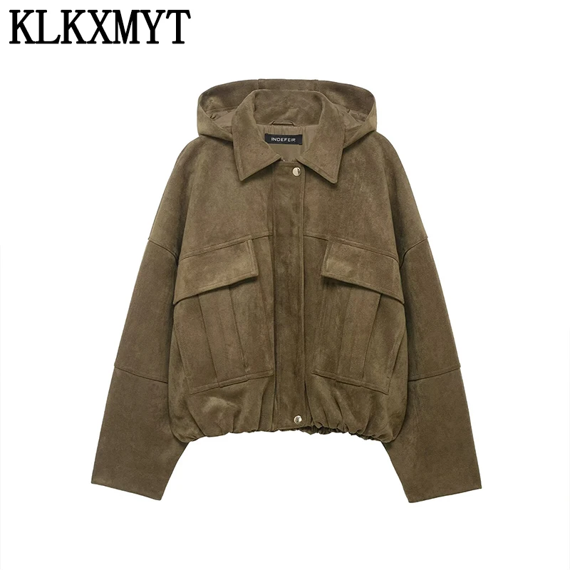 

Женские замшевые куртки-бомберы KLKXMYT 2026: новая повседневная модель с капюшоном, длинными рукавами и молнией для уличного стиля ﻿