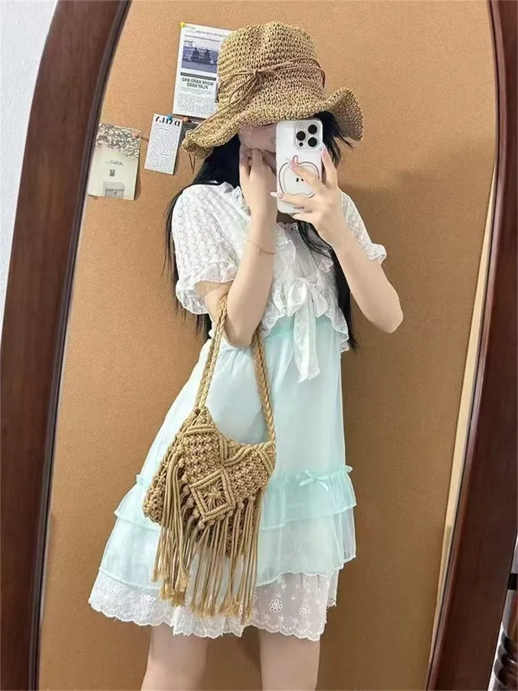 Japanese Kawaii Sweet Cute 2 Piece Set Women Short Lace Tops + Polka Dot Dress New Fit Chic Pink Fluffy Retro Suit Summer 2025 view 6
