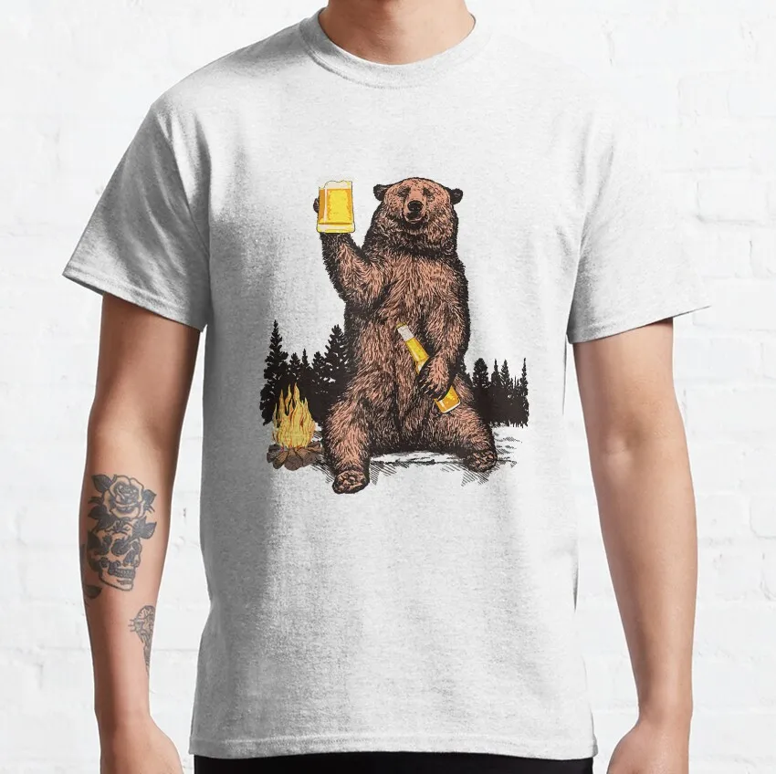 

Bear Drinking Beer Camp Fire Woods Outdoor Funny T Shirt for man forest animals Graphic clothes All size tops S-6XL