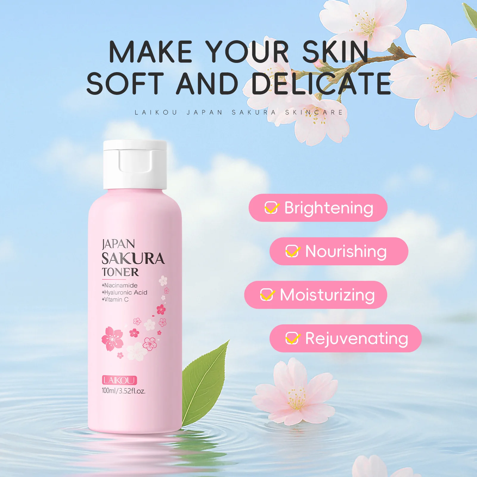 LAIKOU Japan Sakura Toner 100ml Niacinamide HA Vitamin C Facial Toner Moisturizing Brighten Improve Dullness Skin Care