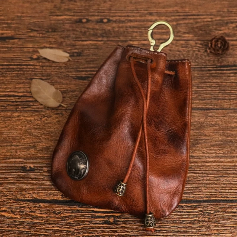 Genuine Leather Coin Purse For Women Men Vintage Handmade Small Drawstring Pocket Storage Bag With Keyring Card Holder Case