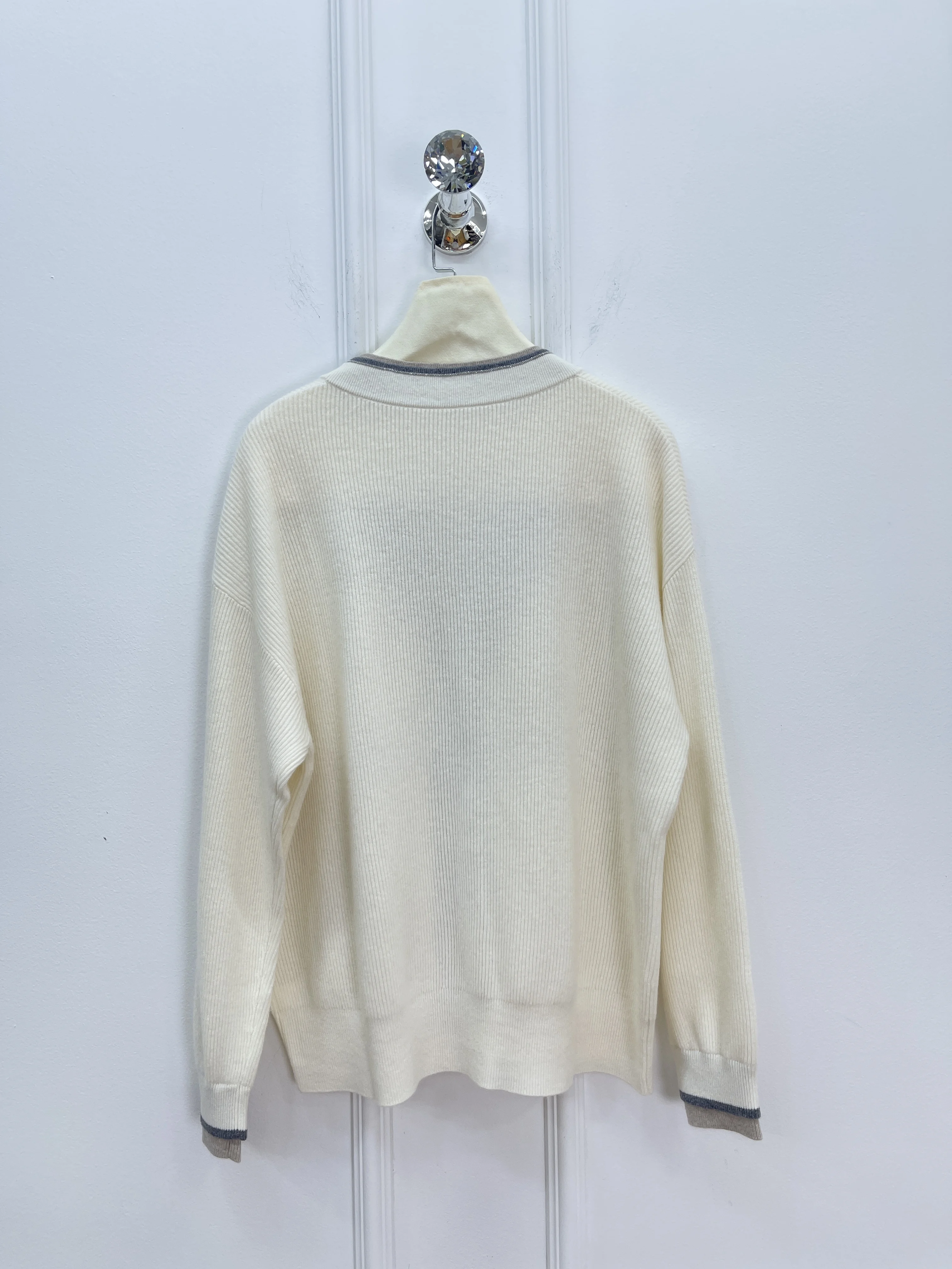 2025 Autumn And Winter New Wool V-Neck Long-Sleeved Knitted Cardigan Lamb Chop Button Bead Chain Contrast Color Sweater Women