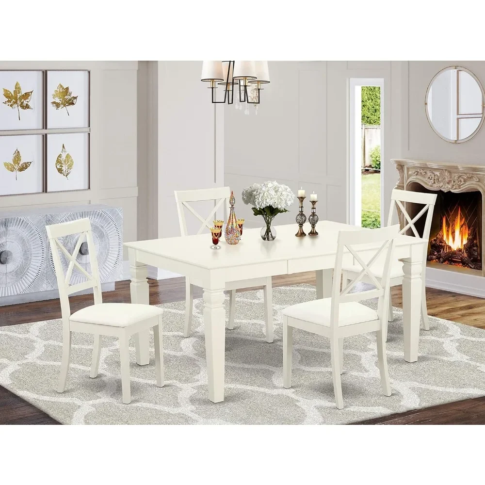 5 Piece Dining Set Includes a Rectangle Dining Room Table with Butterfly Leaf and 4 Faux Leather Upholstered Kitchen Chairs