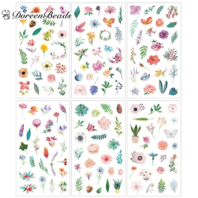6pcs/Set DoreenBeads Paper DIY Scrapbook Multicolor Flower Decor Stickers for Women Junk Journal Notebook Diary Collage Stickers