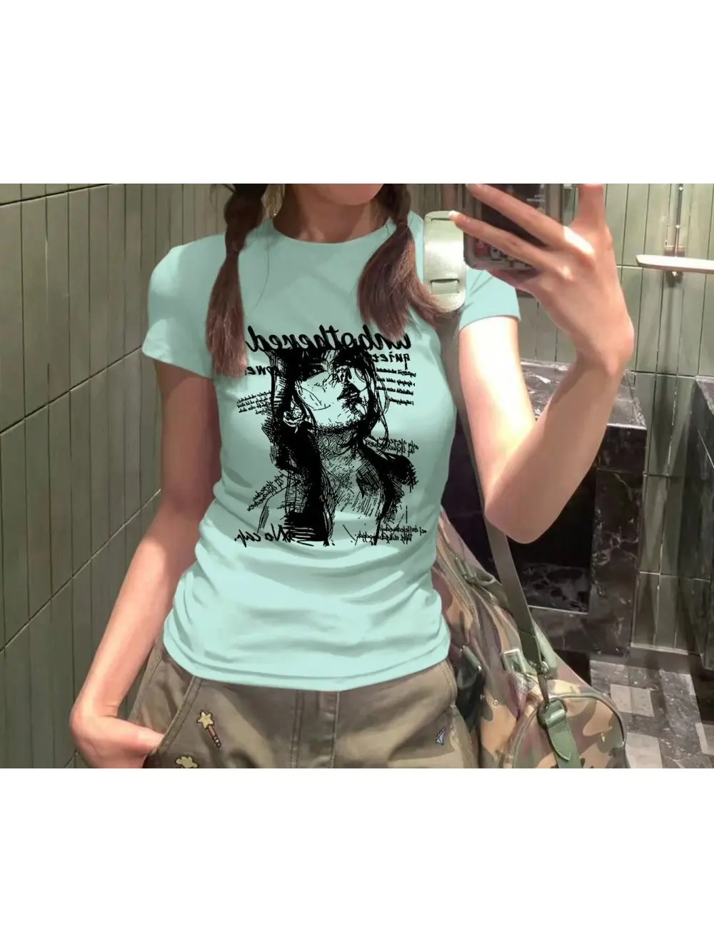 New Summer Retro American Street Trendy Subculture Punk Sweet Cool T-shirt Art Portrait Printed Short Sleeve Top Vacation Date