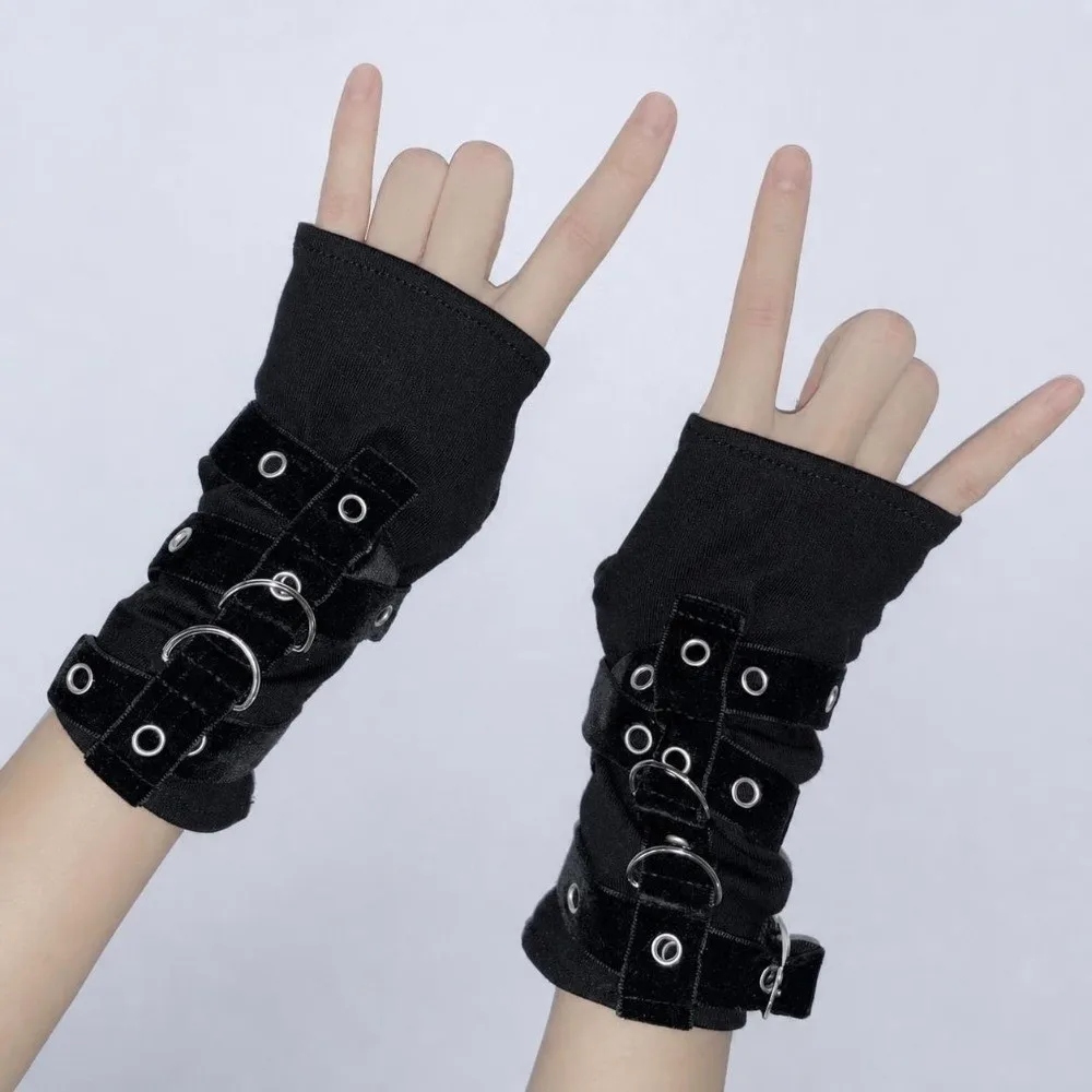 New Metal Rivet Fingerless Gloves Buckle Y2K Street Dance Sleeves Gothic Black Punk Style Sleeves Motorcycle Riding