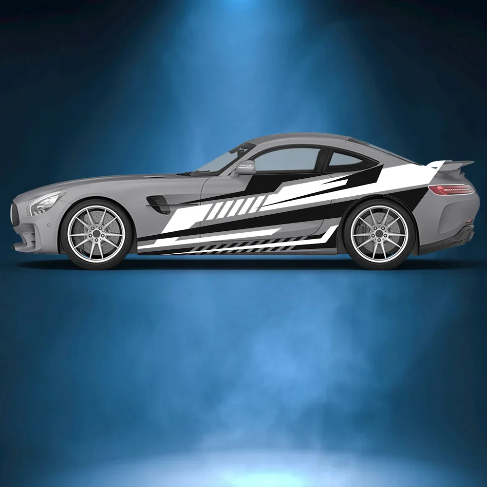 

Black& White Racing Stripes Pattern Car Side Sticker Vinyl Self-adhesive Paper Motorsport Paint Decal Suitable for Car Truck Suv