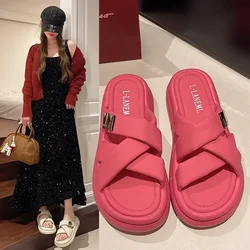 Women Slippers Summer New Fashionable Outer Wear Cross Beach Slippers Casual Fairy Inner Heightening Cross Over Women Flip Flops