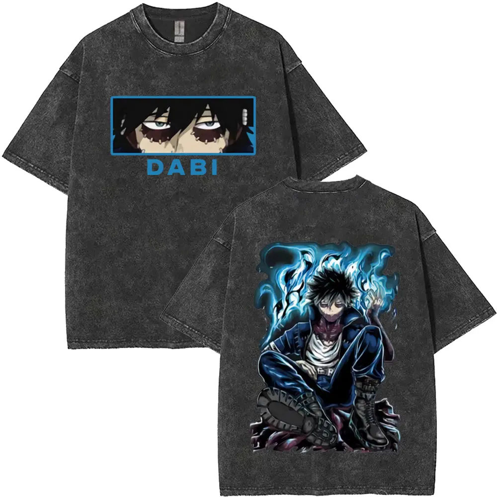 Gewaschenes Vintage Anime My Hero Academia T-Shirt Todoroki Dabi Grafik-T-Shirts Herren Baumwoll-Rundhals-T-Shirt Übergroße Kleidung