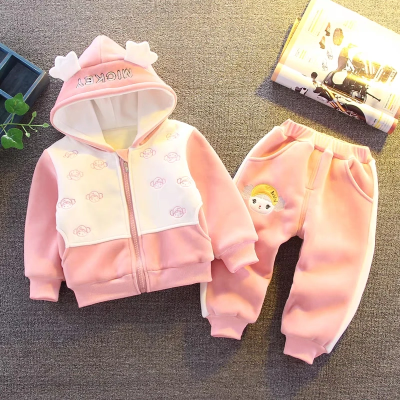 Winter Velvet Patchwork Kids 2 Piece Sets Thick Hoodies Zipper Coat Girls Conjunto Warm Plush Jogger Sweatpants Children Outfit