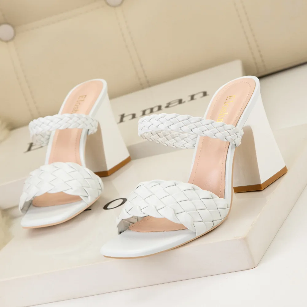 Big Size Thin Heels Peep Toe Slippers Casual Shoes Woman 2024 Heeled Mules Luxury High Scandals Fretwork Slides PU Fabric Fashio