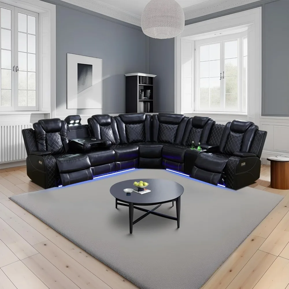 Air Leather Power Recliner Sectional with LED Lights, Reader Lights, Storage Consoles, Cup Holders, USB Charging Port