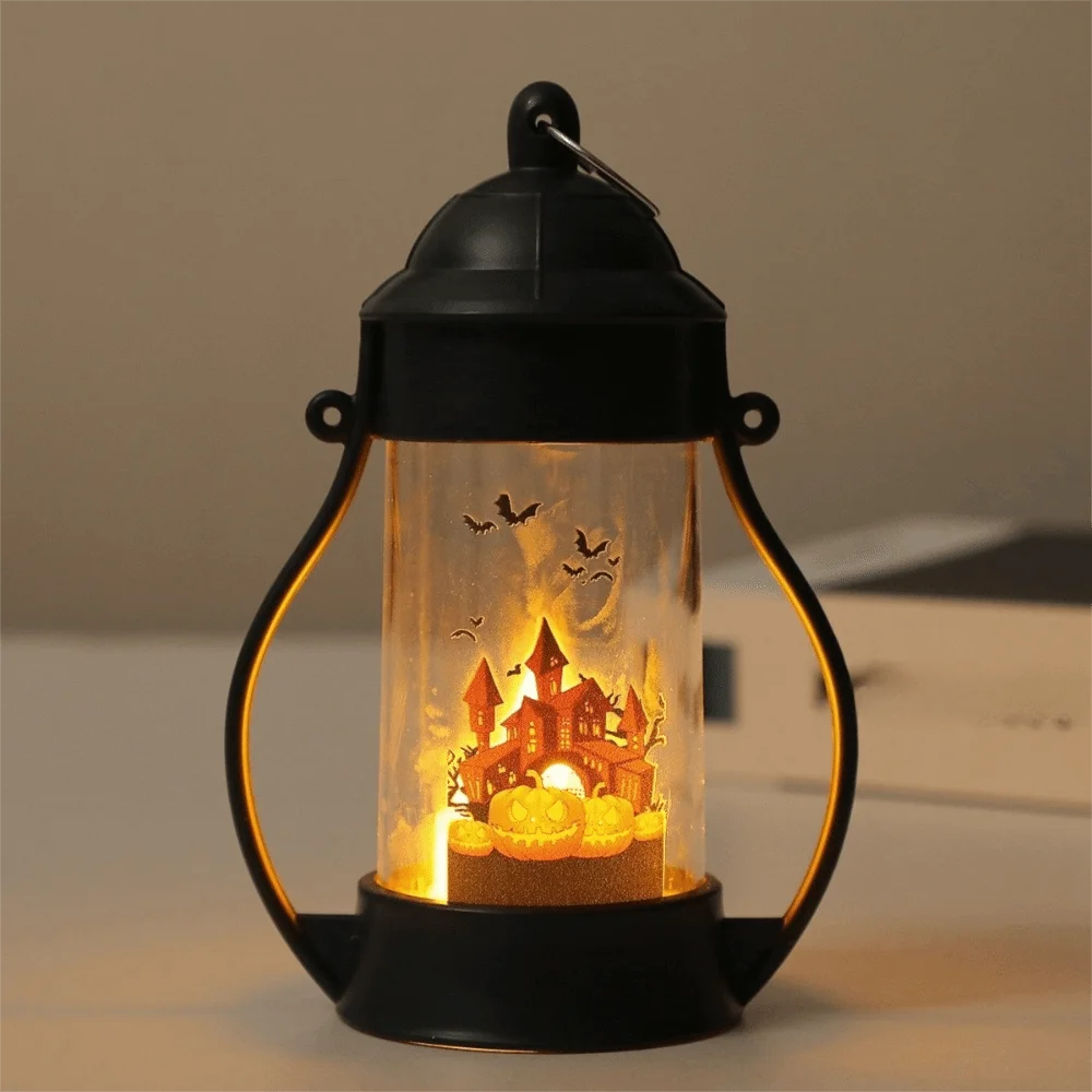 Vintage Halloween Wind Lamp Cylindrical Castle Ghost Pattern Pumpkin Wind Lantern Cartoon Warm Yellow Light