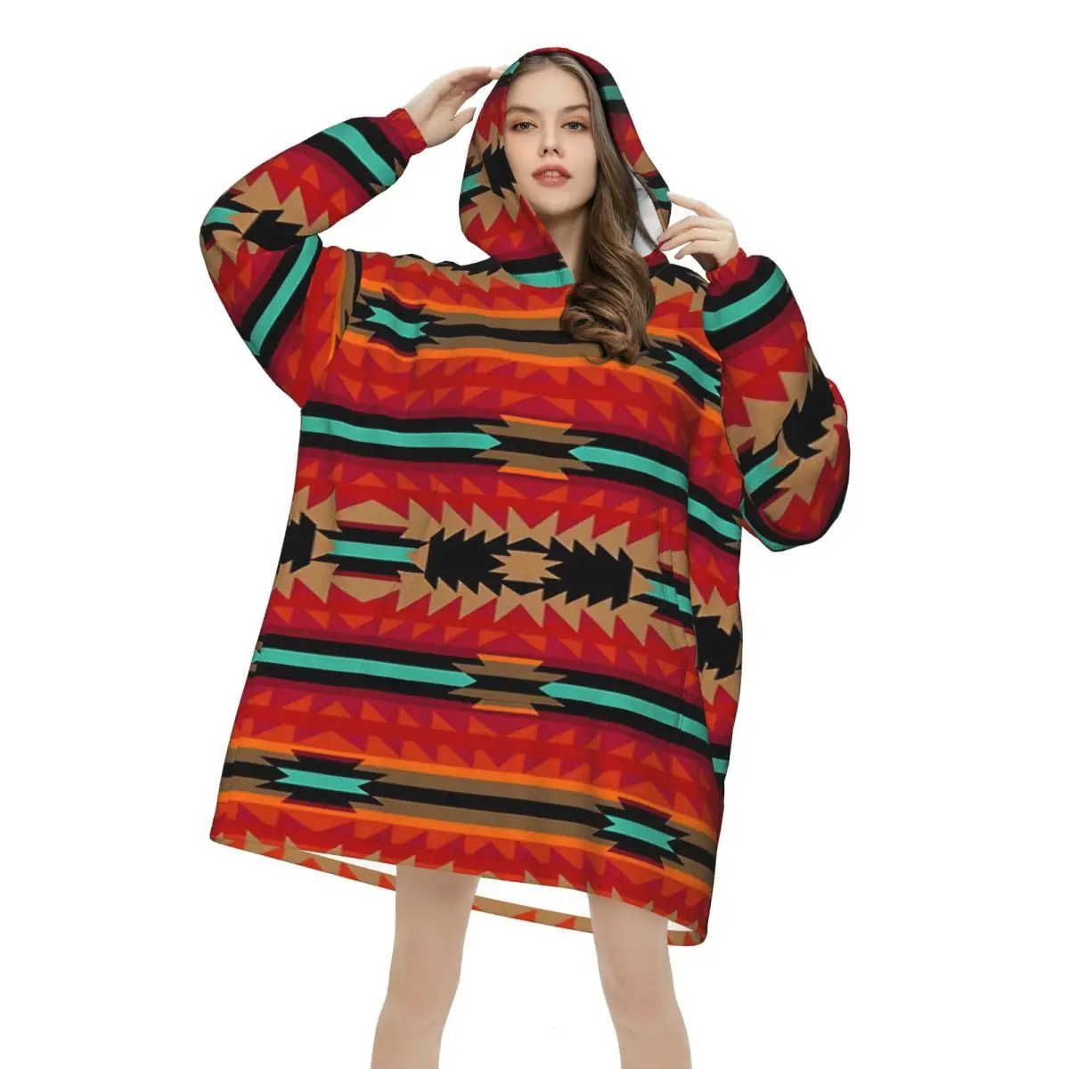 Southwestern Aztec Tribal Wearable Blanket Hoodie Warm Cozy Oversize Blanket Sweatshirt Thick Fleece Hooded Blanket with Pocket