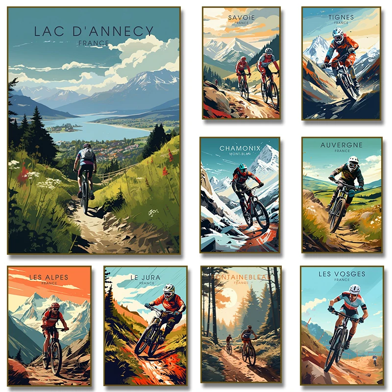 Sports Mountain Bicycle City Bike Race Cycling Art Mountain Landscape Posters Canvas Painting and Print Pictures Room Home Decor