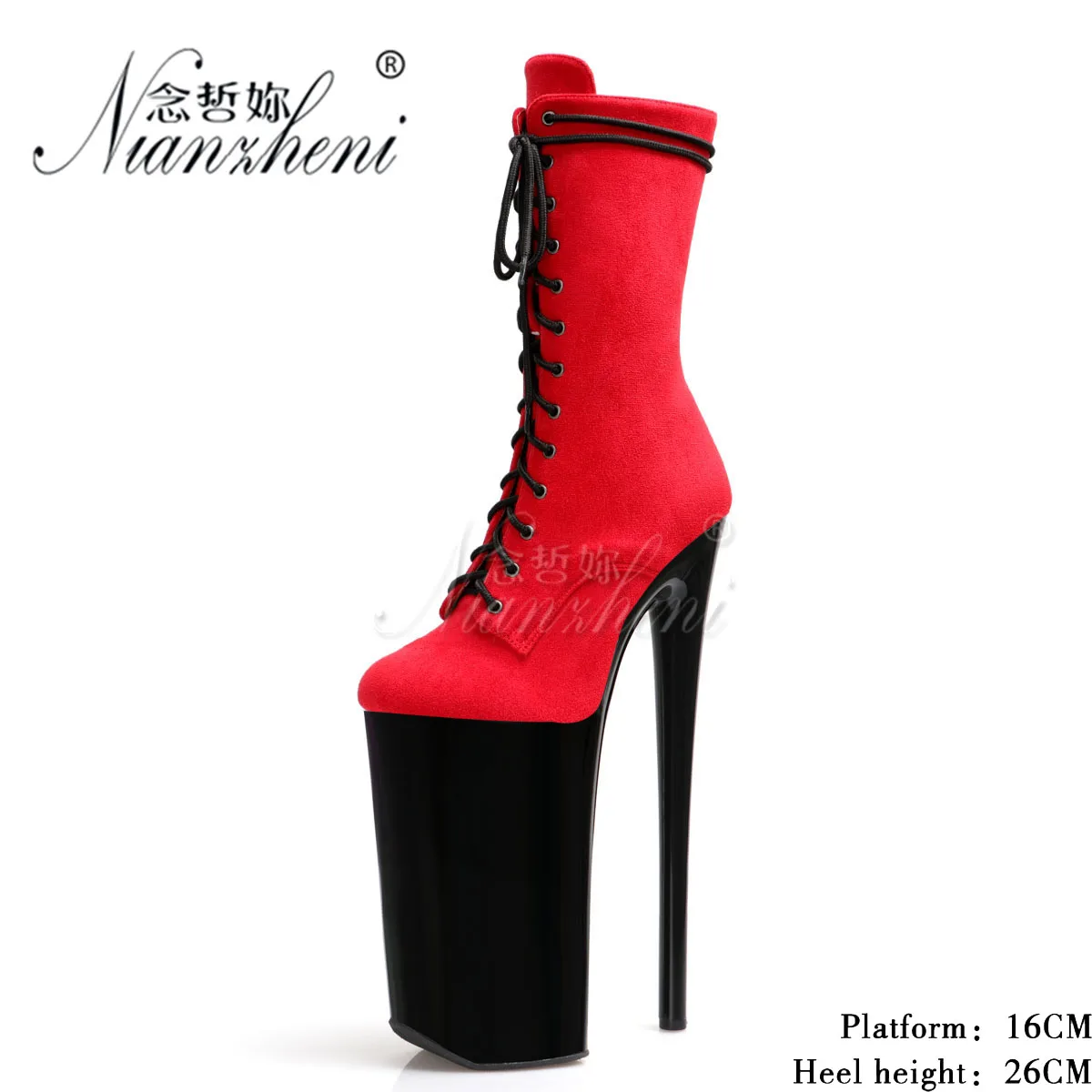 Flock Red Round Toe High Heels 10Inch Stripper Heels Sexy Fetish Shoes 26cm Women's Gothic Pole Dance Ankle Boots Exotic Dancer