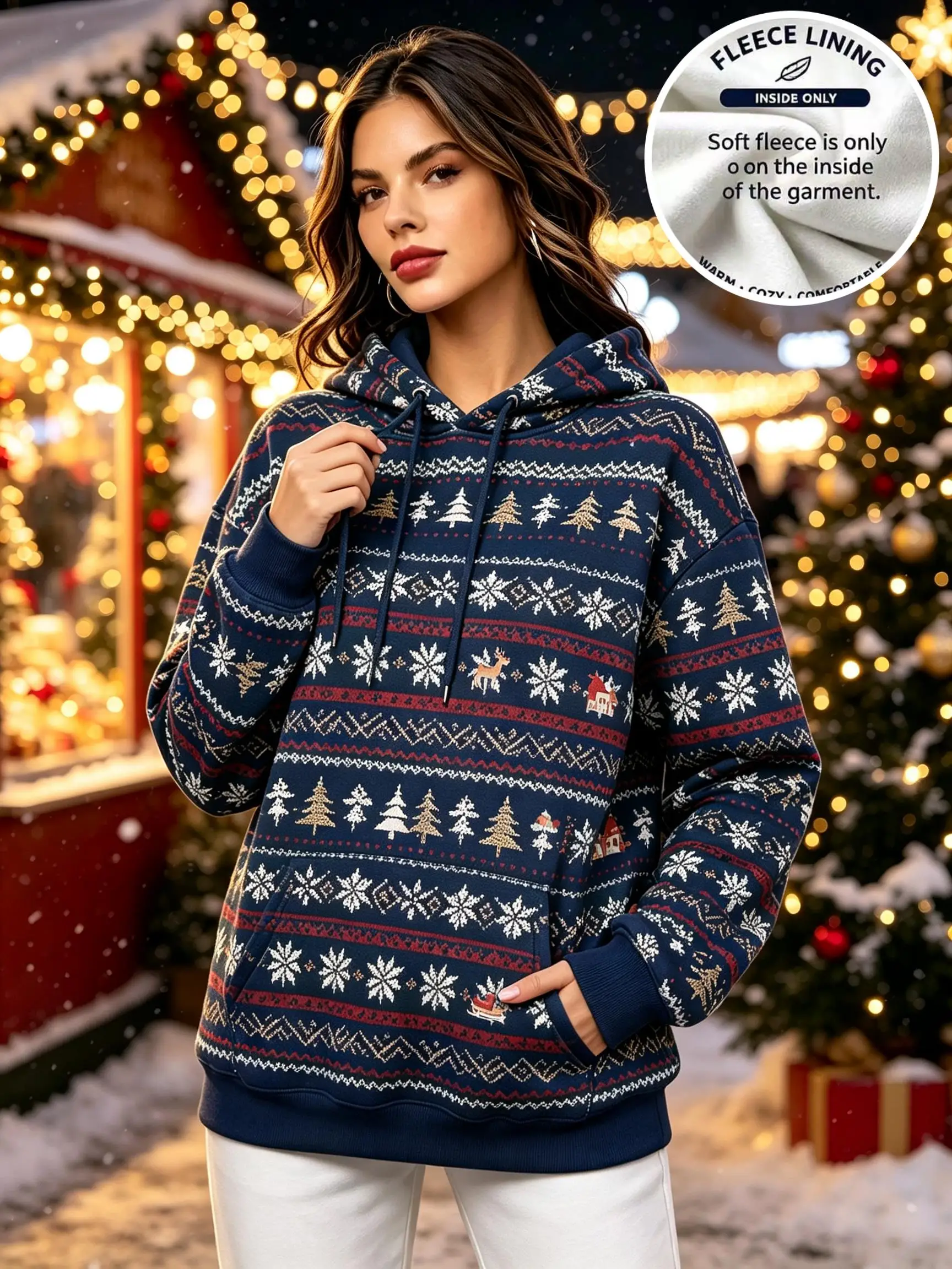 Women Christmas Allover Xmas Tree Reindeer Snowflake Fleece Hoodie Navy Blue Pocket Sweatshirt