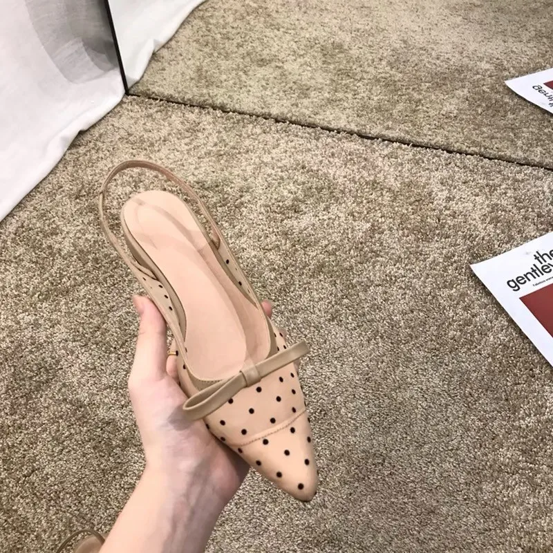 Women's mesh polka dot low-heel sandals 2026spring and summer versatile bow fairy-style closed-toe pointed backless single shoes