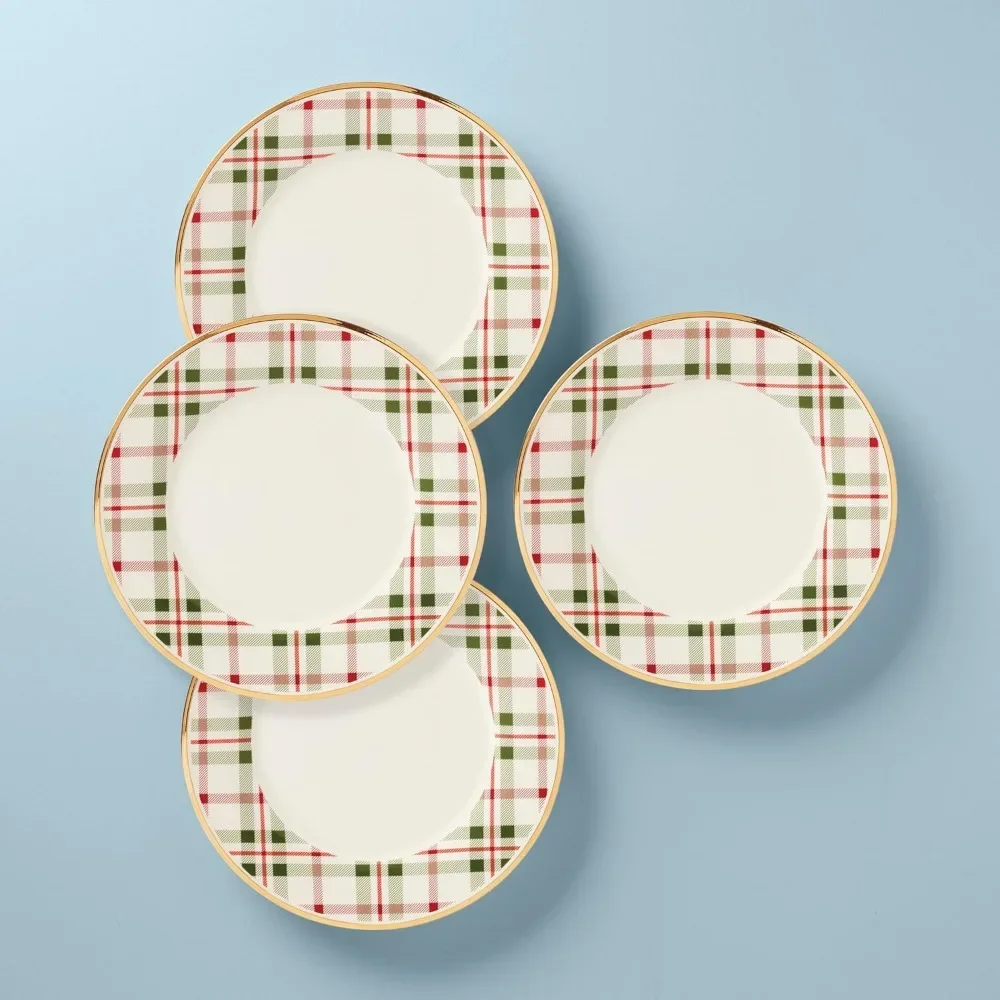 Holiday Plaid Dinner Plate Christmas Gift Set 4 Piece Set Table Decorations Utensils for Kitchen Robots Ceramic and Pottery Bar