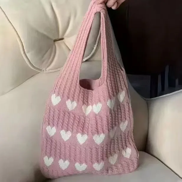 1 Stück Neue Liebesmuster-Stricktasche mit Großer Kapazität, Modische Damen-Schulterhandtasche für Tägliche Einkäufe und Aufbewahrung – Detail 6