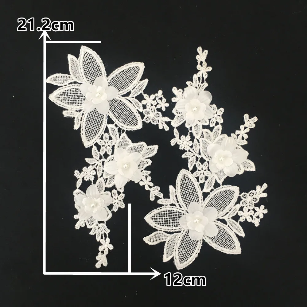 A pair of sale 3D flower Embroidery Polyester Lace collar DIY application Lace fabric Materials ABS pearl Dress Sewing Accessory