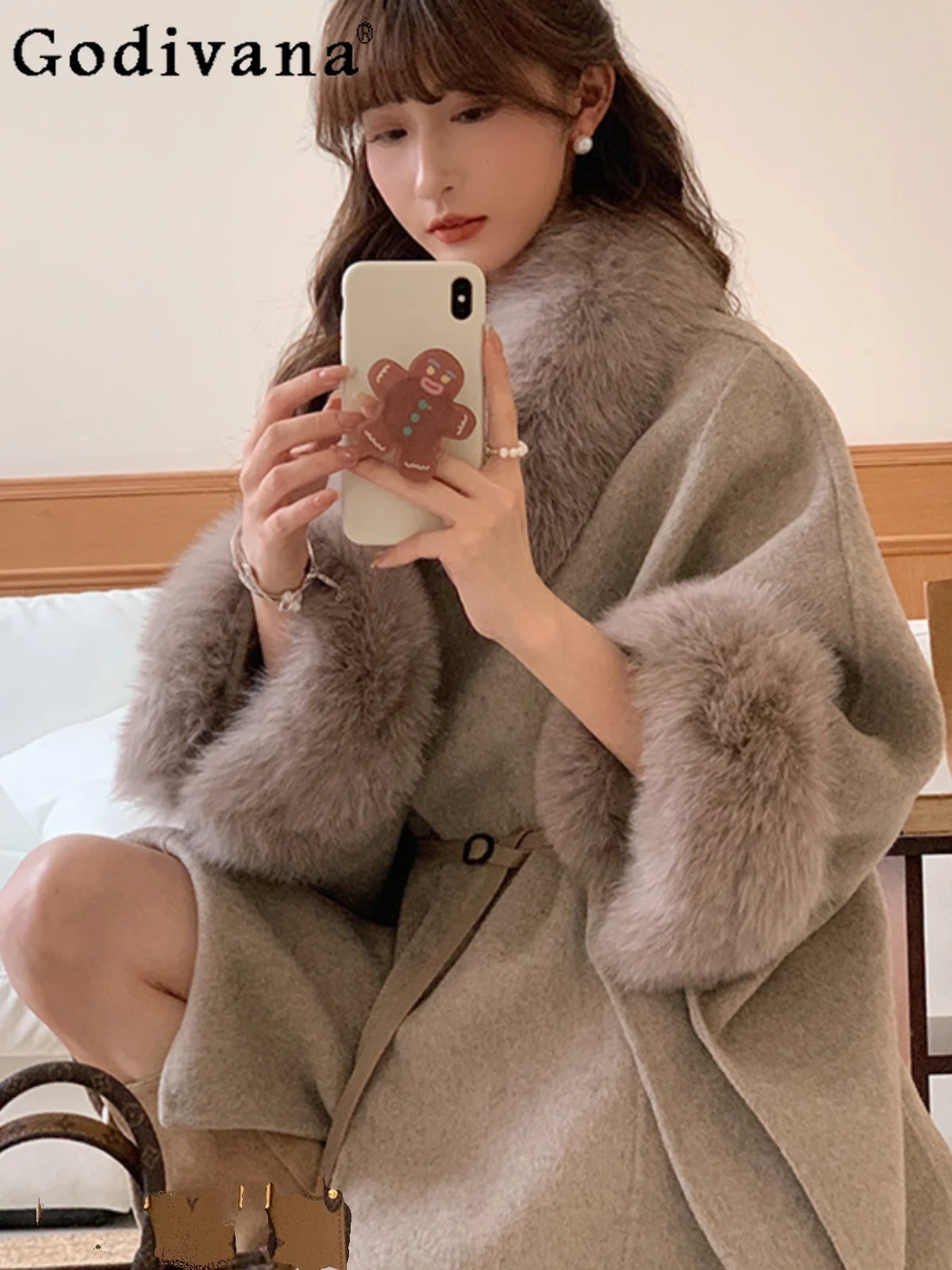 

Double-Sided Cashmere Cape Coat for Women 2025 Autumn Winter New Original Sweet Elegant Lady Mid-Length Double-Sided Woolen Coat