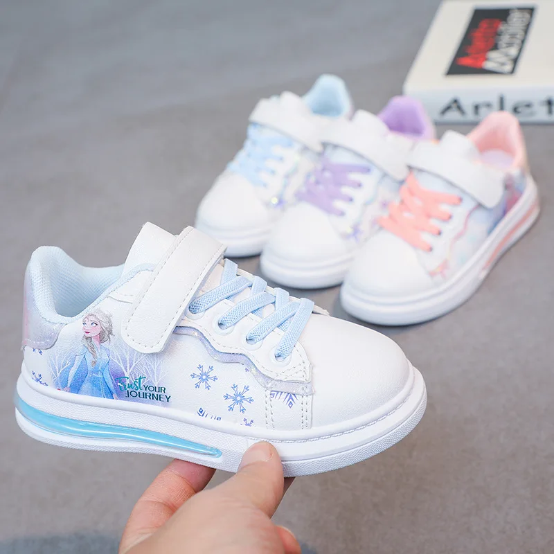 Disney Meisjes Witte Pu Leren Schoenen Cartoon Prinses Elsa Frozen Sneakers Baby Waterdichte Sportschoenen Maat 26-37