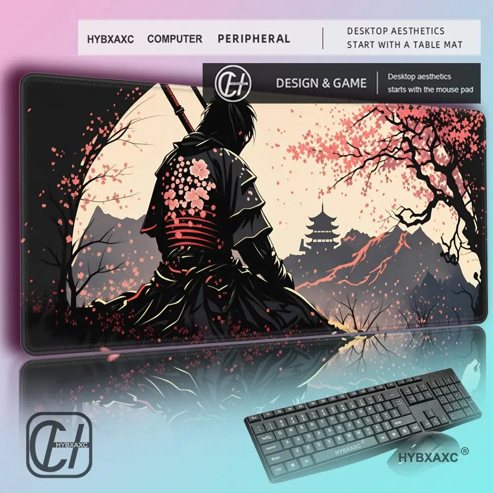 

HYBXAXC Japanese Samurai with Cherry Blossoms Gaming Mouse Pad, Cool Art Desk Mat, Non-Slip Large Keyboard Pad