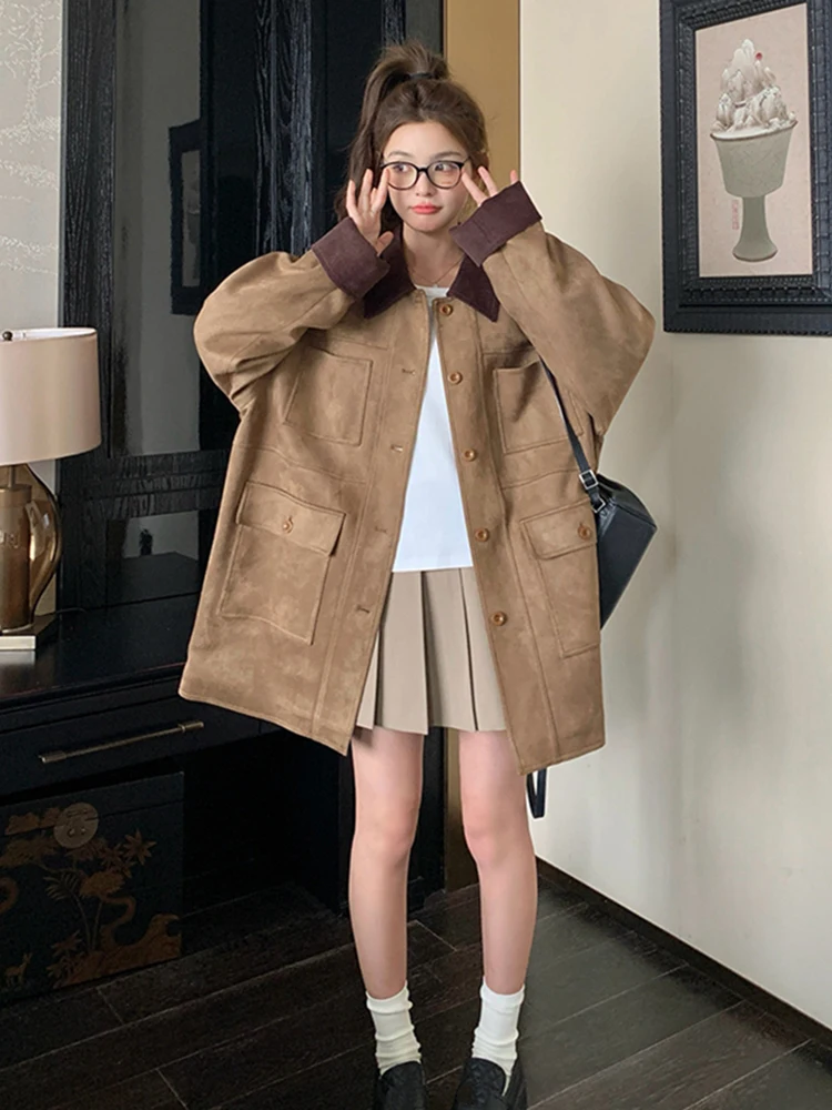 LANMREM High-end Khaki Coat Women\'s Lapel Single Breasted Color Block Multi Pocket Design Jackets 2024 Autumn New 2Z3068