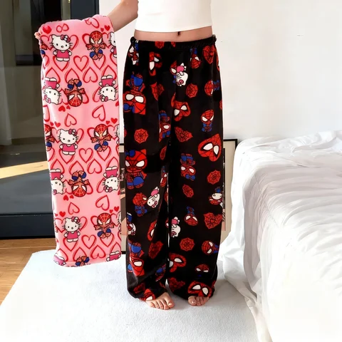 Hot New Spider Man Pajama Pants Hello Kitty Sleeping Pants Anime Flannel Lounge Pants Cartoon Sanrio Sleepwear Leisure Clothing