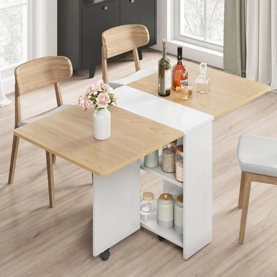 

Folding Dining Table, Drop Leaf Dining Table with 6 Wheels and 2Layer Storage Shelf, Space Saving Kitchen Table for Small Space
