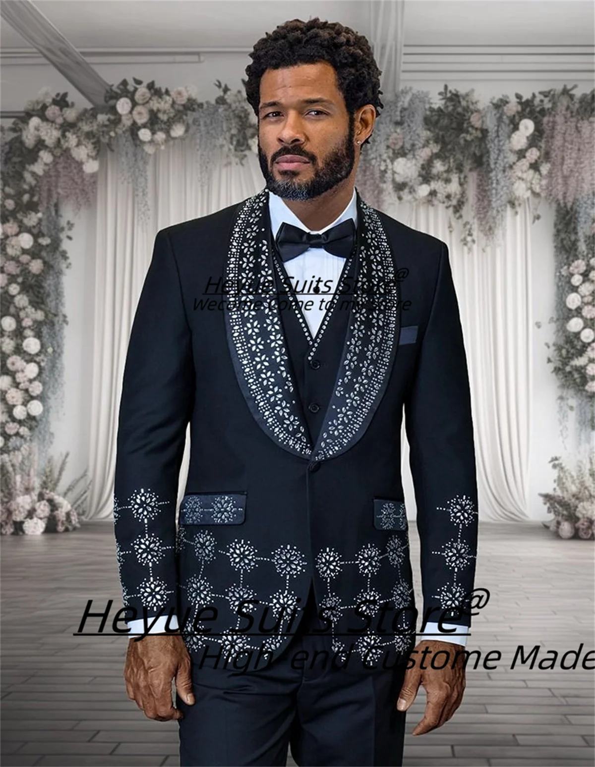 Customized Gorgeous High-end Men Suits Slim Fit Shiny Diamond Groom Wedding Tuxedos 2 Pcs Sets Male Prom Blazers Costume Homme