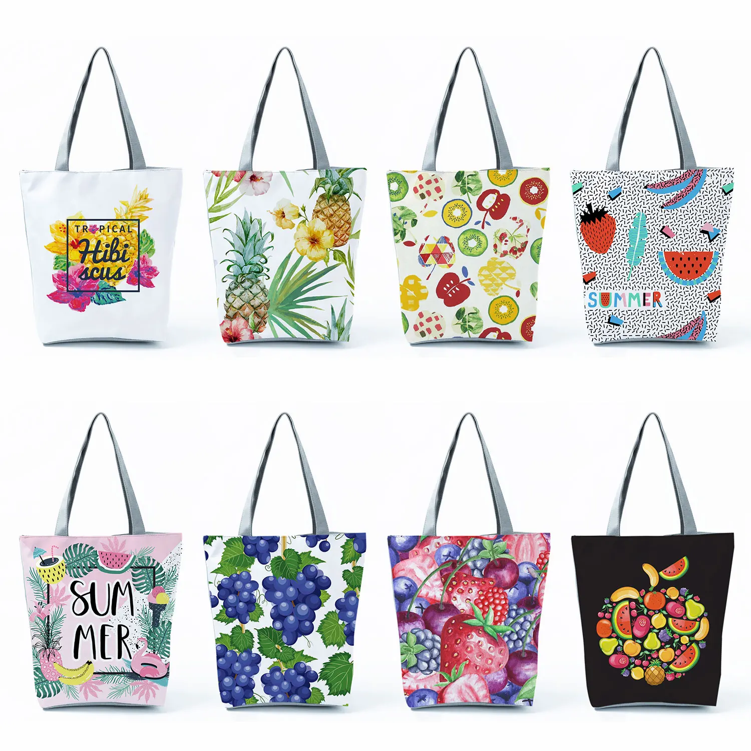 Eco Reusable Creativity Fruit Printed Handbags Foldable Shoulder Bag Women Shopping Bag Outdoor Beach Travel High Capacity Totes