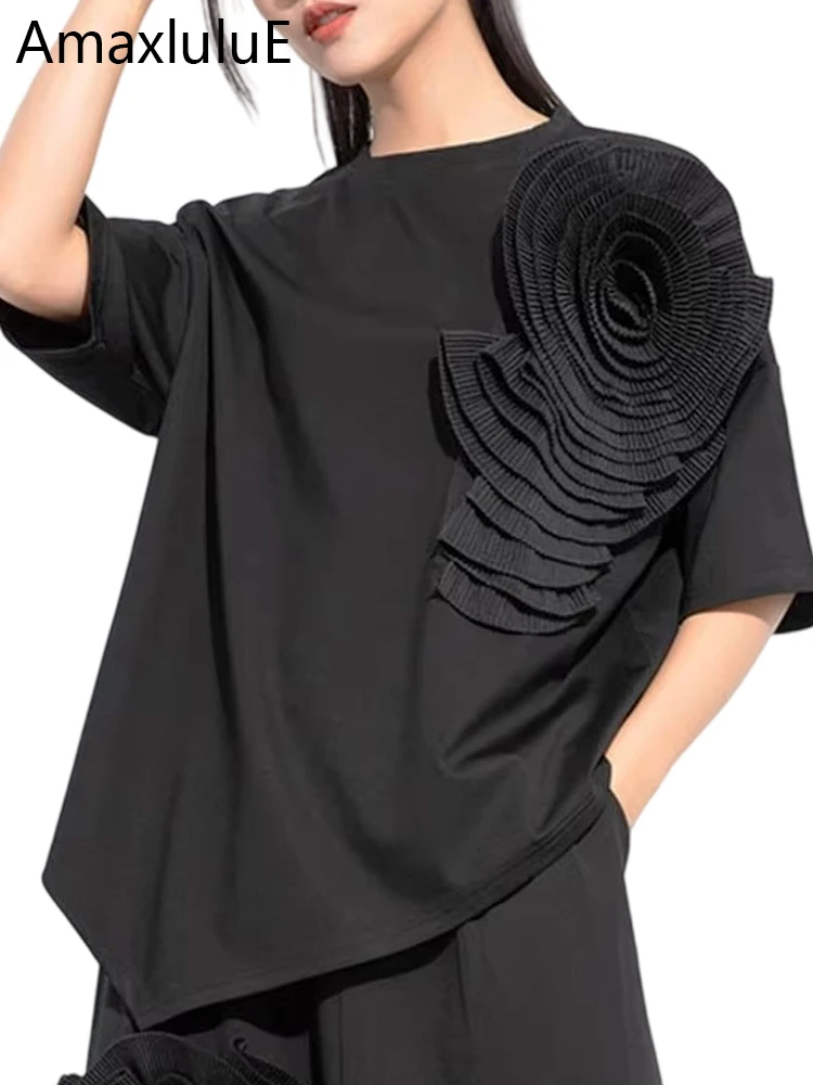 Amax luluE 2024 Design Letnie Bluzki Damskie Dekolt Okrągły Kwiatowy Patchwork Luźne Codzienne Luksusowe T-shirty Klasyczne Ubrania Harajuku Damskie