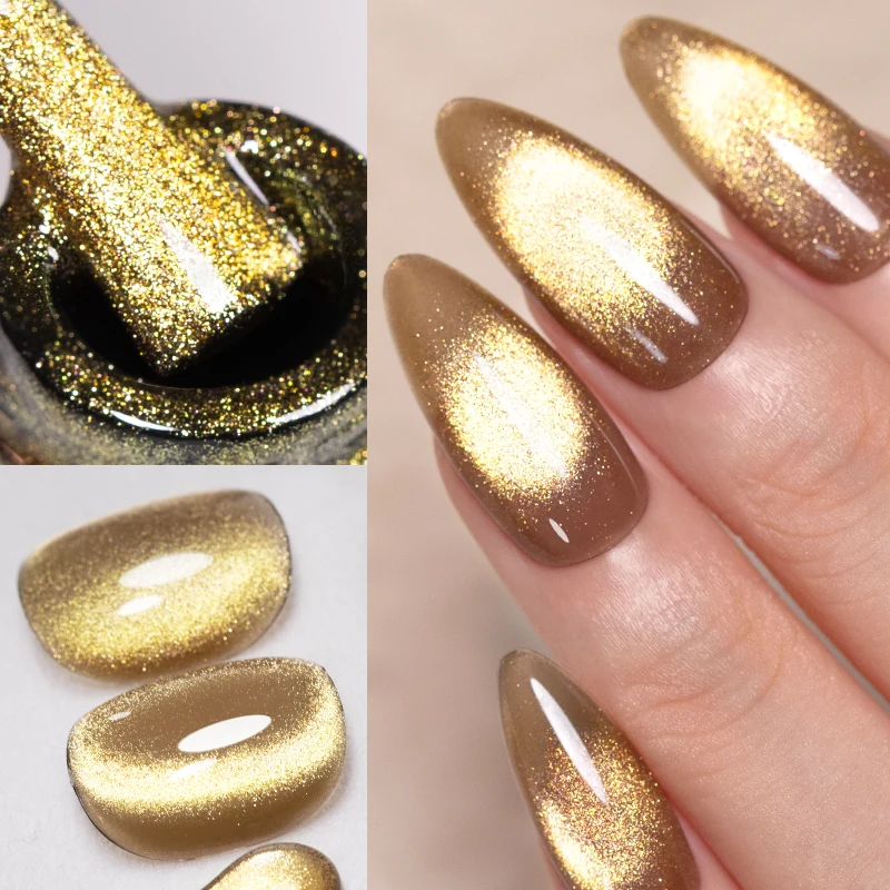 AWStorG 7.5ML Golden Gradient Cat Eye Magnetic Gel Sparkling Glitter Nail Polish Semi Permanent UV Nail Art No Need Base Color