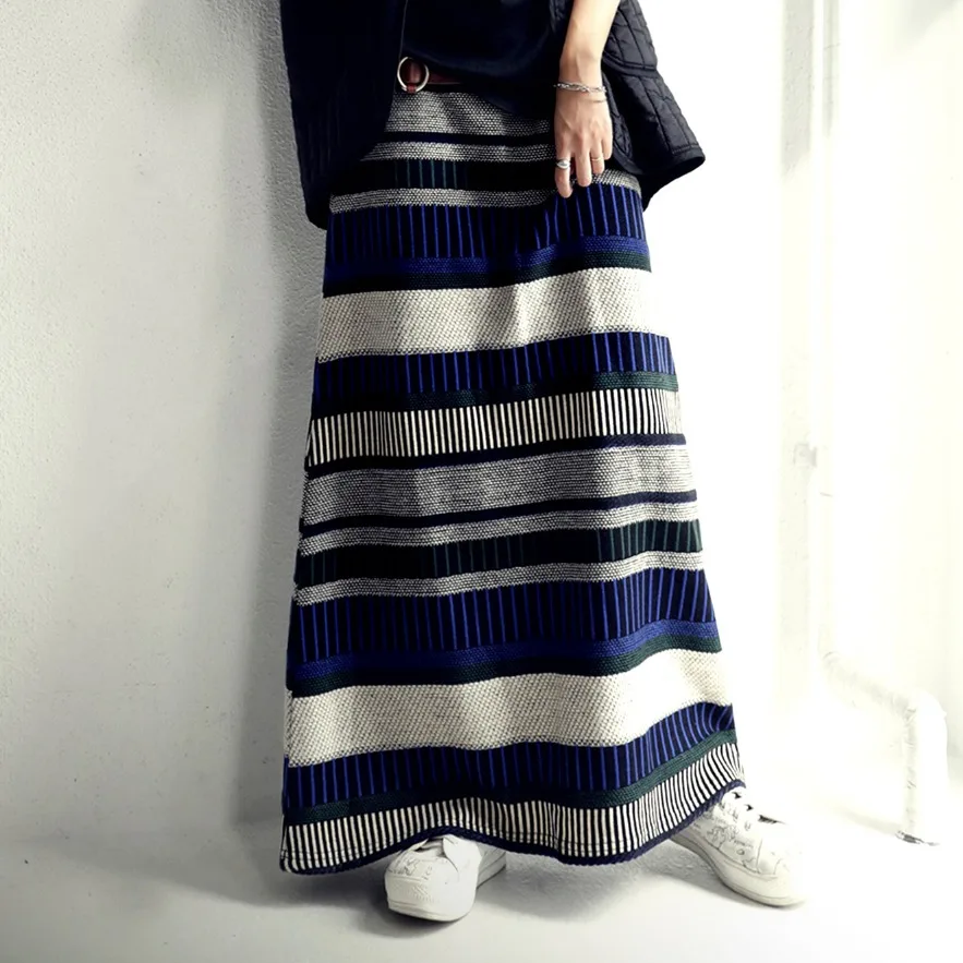 Thiened Knitted Color Blo Striped f Skirt Floor Length Asymmetrical Hem High Waist A-Line Korean Sle Commute Skirt