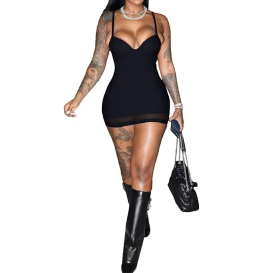 

Sexy Bodycon Mini Dress for Women Sweetheart Neck Spaghetti Strap Mesh Hem Party Club Night Out Short Dresses