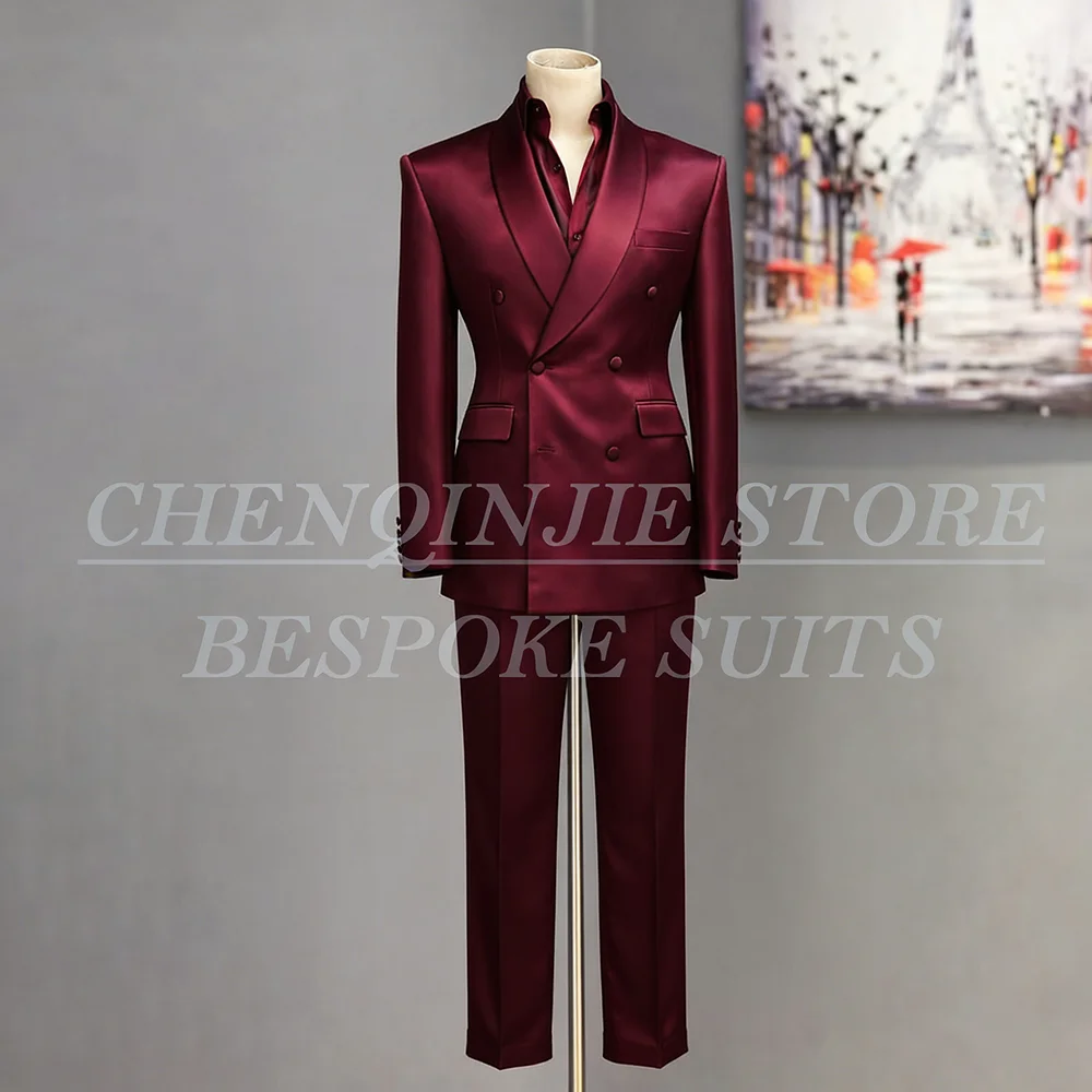 

Formal Double Breasted Men's Suits Fashion Satin Shawl Lapel Back Vent Blazer High Quality 2 Piece Jacket Pants For Wedding