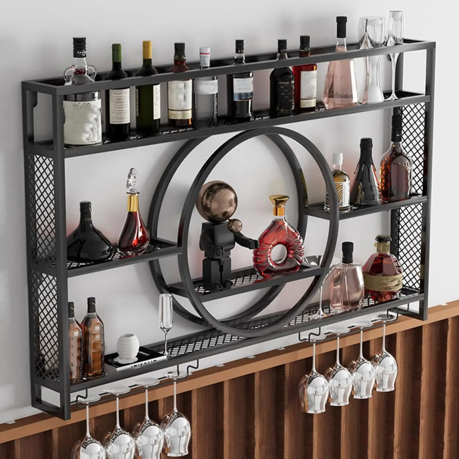 Metal Wall Mounted Wine Rack with LED Light, Floating Liquor Bottle Display Shelf for Kitchen Dining Room Bar